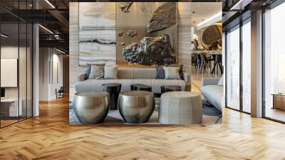 A contemporary empty hotel lobby with avant-garde artwork and designer furniture, reflecting a fusion of style and innovation, Generative AI Wall mural