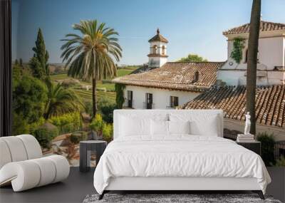 A historic Spanish hacienda surrounded by ancient olive groves and vineyards, with sun-drenched courtyards and terracotta-tiled rooftops, Generative AI Wall mural