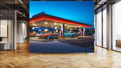 A retro gas station with vintage cars parked at the pumps and a neon sign illuminating the night, Generative AI Wall mural