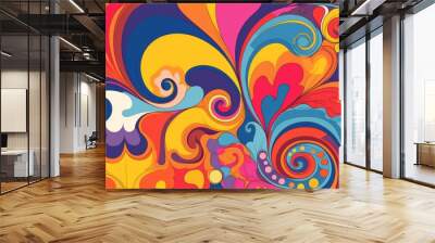 Retro revival in a groovy 70s background, featuring tie-dye swirls, psychedelic shapes, and a kaleidoscope of vibrant hues, Generative AI Wall mural