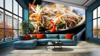 Process of cooking of sweet and crunchy stir fry with beansprouts in the wok, Macro image Wall mural