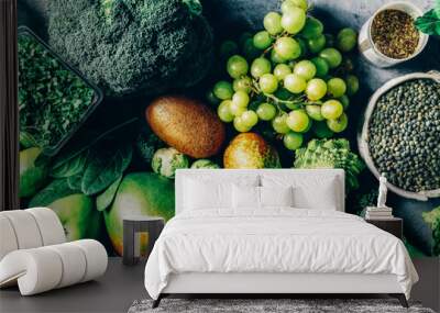 Variety of Green Vegetables and Fruits on the grey background, banner size Wall mural