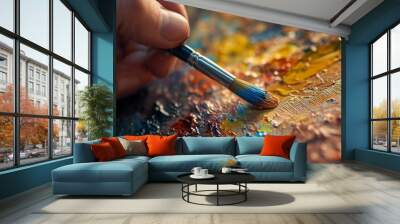 A close-up of a painter's hand delicately applying oil paint to canvas. Wall mural