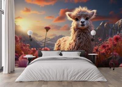 Alpaca in the meadow. Wall mural