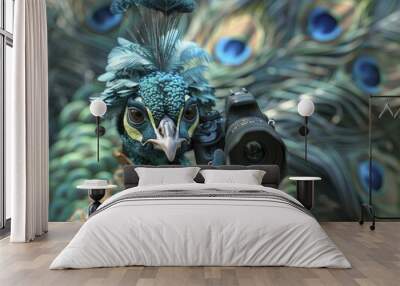 Artistic minimalist 3D rendered peacock costume holding a camera, blurred peacock feather background for creative expression. Wall mural