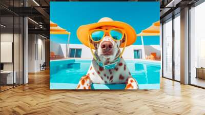 Dog on vacation at swimming pool. Wall mural