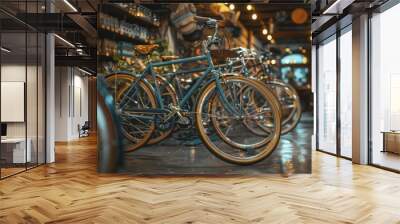 Hipster bicycle shop background with a close-up white poster frame mockup, perfect for cycling gear or event ads. Wall mural