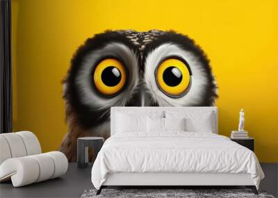 Shocked owl with big eyes isolated on yellow background, cute and surprised face, Studio portrait of surprised owl, space background for sale banner poster. Wall mural