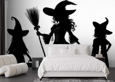 Silhouette of kids in Halloween costumes isolated on a white background Wall mural