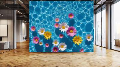 Top view of colorful flowers floating in the surface of a swimming pool. Summer, spring, vacation poolside. Wall mural