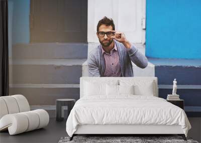 Man, glasses and portrait on stairs for fashion, clothes and trendy with eyewear outdoor in Cape Town, South Africa. Male person, gen z guy and lens flare for unique outfit, garment and urban style Wall mural