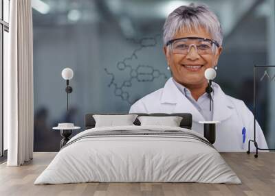 Her discovery will change lives. A female scientist standing before a glass board with a formula on it. Wall mural