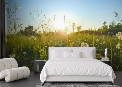 Vibrant summer meadow with tall flowering grass creating a picturesque rustic scene. Wall mural