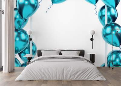 Aqua metallic balloons with, white frame with clear path on center isolated on white background. 3D illustration of beautiful, candy, glossy balloons Wall mural