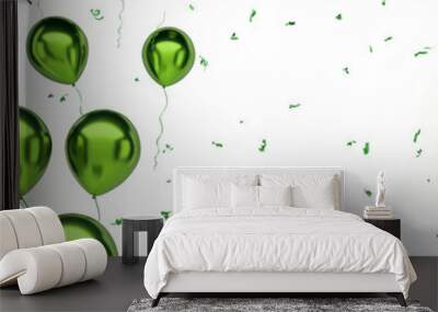 Green metallic balloons on the left sight with gold confetti isolated on white background. 3D illustration of celebration, party, holidays balloons Wall mural