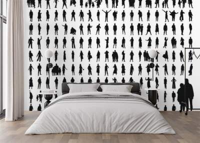 Set of people, men and women, parents and children, black silhouette Wall mural