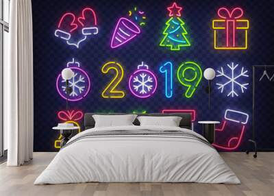 Isolated icon Christmas set. Happy New Year. Set neon icon, label, emblem. Bright signboard, light banner. Vector illustration Wall mural