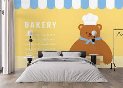 vector background with a teddy bear chef kneading bread dough for banners, cards, flyers, social media wallpapers, etc. Wall mural