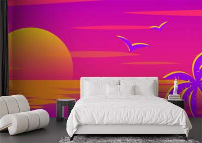 vector background with sunset on the beach with palms for banners, cards, flyers, social media wallpapers, etc. Wall mural