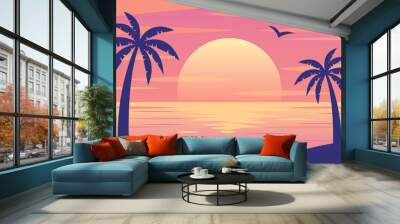 vector background with sunset on the beach with palms for banners, cards, flyers, social media wallpapers, etc. Wall mural