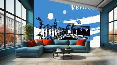 Line art drawing of Rialto Bridge in Venice, Italy, architecture tourism landmark, travel destination illustration Wall mural