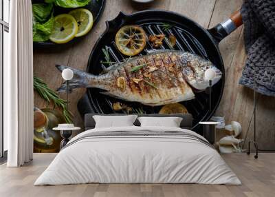 fish on grilling pan Wall mural