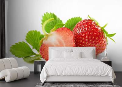 fresh red strawberries with green leaves Wall mural