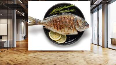 Grilled fish on black plate Wall mural