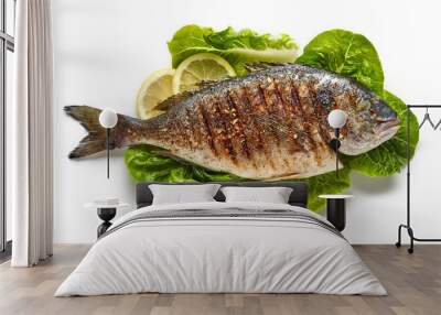 grilled fish on green salad leaves Wall mural