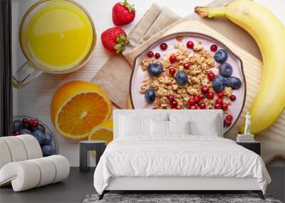 Healthy breakfast. Yogurt with granola and berries Wall mural