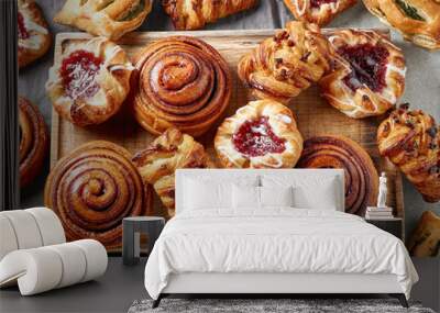 various freshly baked sweet buns Wall mural