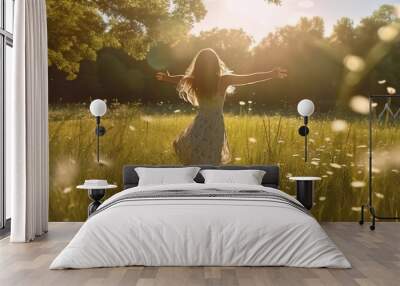 A young happy woman dancing in sunbeams at a green spring meadow feeling free. Generative AI. Wall mural