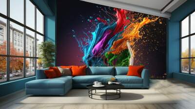 Color paint splashes abstract wallpaper and party flyer colorful background. Generative AI. Wall mural