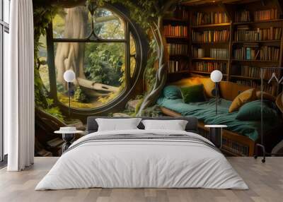 My personal book paradise reading room. A cozy reading nook. Generetiv AI. Wall mural