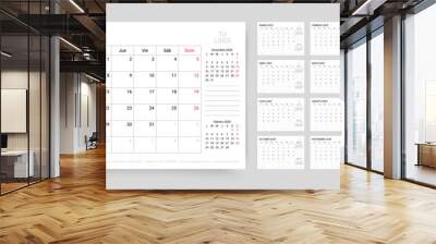 2025 Spanish calendar. Planner template. Calender layout with month. Desk schedule grid. Week starts Monday. Yearly table organizer. Horizontal monthly diary with 12 pages. Vector simple illustration Wall mural