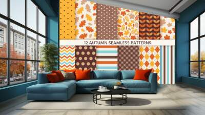 Autumn pattern. Vector. Seamless background with fall leaves, polka dot, zig zag and stripes. Set seasonal geometric textures. Colorful cartoon illustration in flat design. Abstract wallpaper. Wall mural