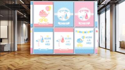 Baby Shower boy card. Vector Baby girl design. Cute birth party background. Welcome template invite. Pink blue poster. Happy greeting banner with kid, stork, pram, polka dot print Cartoon illustration Wall mural