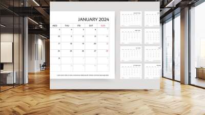 Calendar for 2024 year. Planner template. Week starts Monday. Monthly calender organizer. Desk schedule grid with 12 month. Horizontal yearly diary layout. Corporate simple agenda. Vector illustration Wall mural