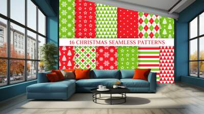 Christmas seamless pattern. Xmas, New year background. Vector. Endless texture with polka dot, candy cane stripe, snow, tree, star. Holiday print for wrapping paper web textile. Red green illustration Wall mural