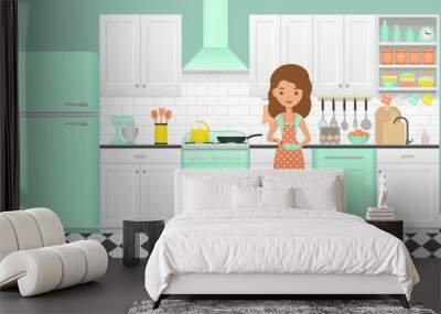 Cooking girl in mint green kitchen with checkered tile floor. Vector. Retro room interior with animated woman character, appliances, furniture. Cartoon flat illustration. Housewife in dotted pot apron Wall mural