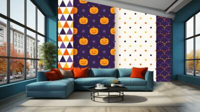 Halloween seamless pattern. Haloween texture. Vector. Geometric background with pumpkin face, candy, triangle, polka dots and rhombus. Holiday wrapping paper. Orange yellow purple illustration Wall mural