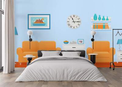 Living room interior. Vector. Lounge with furniture. Home background in flat design. Cartoon house equipment in modern apartment. Colorful animated illustration parlor with orange sofa and armchair. Wall mural