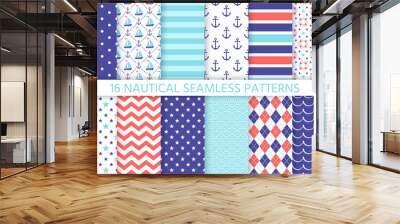 Nautical seamless pattern. Vector. Marine sea backgrounds with anchor, sailboat, waves, zigzag and stripes. Set blue summer texture. Geometric print for baby shower, scrapbooking. Color illustration Wall mural