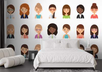 Women faces. Avatar female character in flat design. Business girls. Vector. People icons isolated on white background. Set office workers. Cartoon illustration. Wall mural