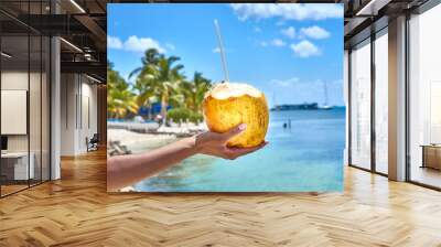 Fresh coconut drink directly from the fruit / Hand of black woman holding coconut with drinking straw at caribbean coast Wall mural