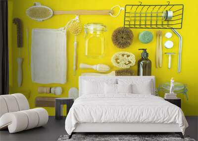 zero waste lifestyle kit on yellow background Wall mural