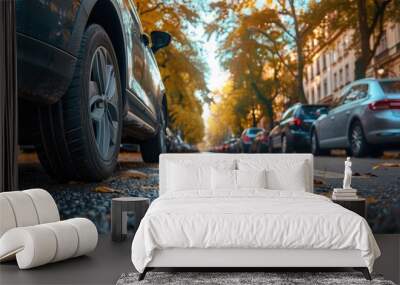 Car on wet asphalt close-up, autumn road outside. Wheel in the foreground Wall mural