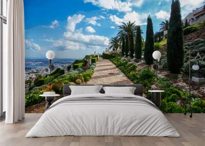 Bahai Gardens (Bahai Bab) in Haifa city on  steep slope of Carmel  Mount Wall mural