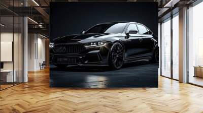 New premium car with glowing headlights on a dark background close-up front view Wall mural