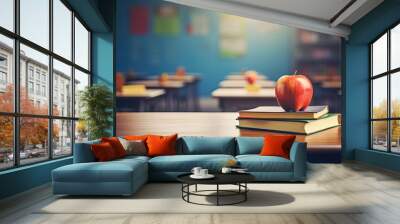 School teacher's desk with stack of books and apple. Education. Wall mural